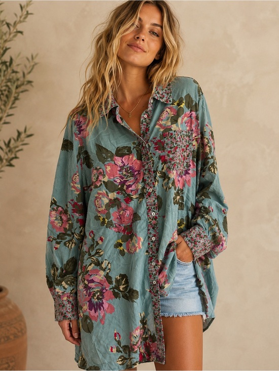 Soft Surroundings Tops - Soft Surroundings Teal Tunic Shirt with Pink Floral Print (090819) 🌼 ☀️